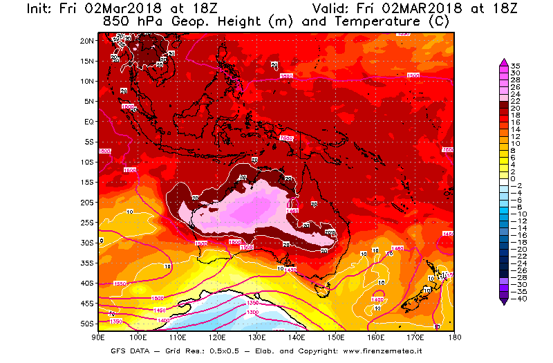 Mappa di analisi GFS - Geopotenziale [m] e Temperatura [°C] a 850 hPa in Oceania
							del 02/03/2018 18 <!--googleoff: index-->UTC<!--googleon: index-->