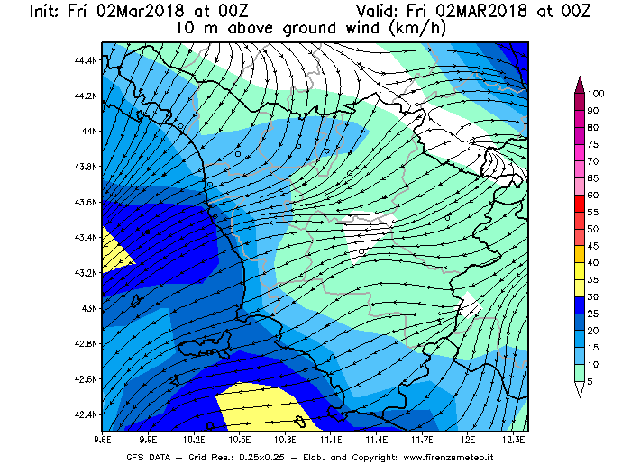 Mappa di analisi GFS - Velocità del vento a 10 metri dal suolo [km/h] in Toscana
							del 02/03/2018 00 <!--googleoff: index-->UTC<!--googleon: index-->