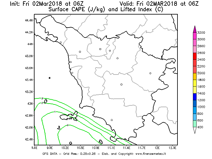 Mappa di analisi GFS - CAPE [J/kg] e Lifted Index [°C] in Toscana
							del 02/03/2018 06 <!--googleoff: index-->UTC<!--googleon: index-->