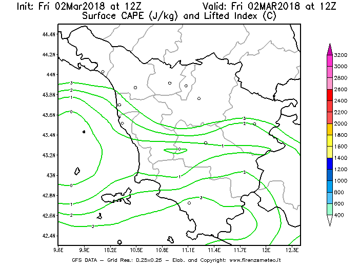 Mappa di analisi GFS - CAPE [J/kg] e Lifted Index [°C] in Toscana
							del 02/03/2018 12 <!--googleoff: index-->UTC<!--googleon: index-->