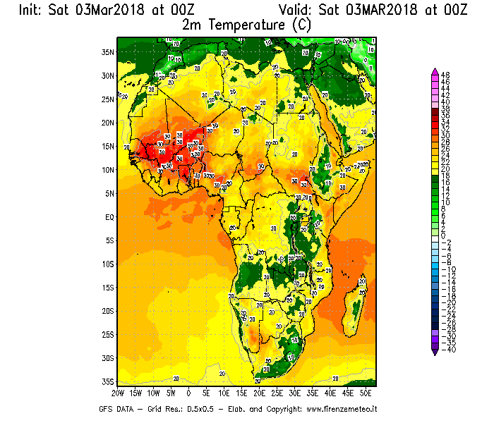 Mappa di analisi GFS - Temperatura a 2 metri dal suolo [°C] in Africa
									del 03/03/2018 00 <!--googleoff: index-->UTC<!--googleon: index-->