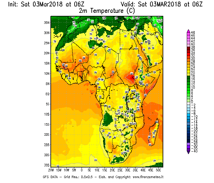 Mappa di analisi GFS - Temperatura a 2 metri dal suolo [°C] in Africa
							del 03/03/2018 06 <!--googleoff: index-->UTC<!--googleon: index-->
