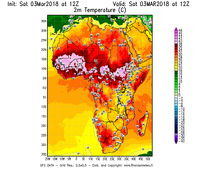 Mappa di analisi GFS - Temperatura a 2 metri dal suolo [°C] in Africa
									del 03/03/2018 12 <!--googleoff: index-->UTC<!--googleon: index-->