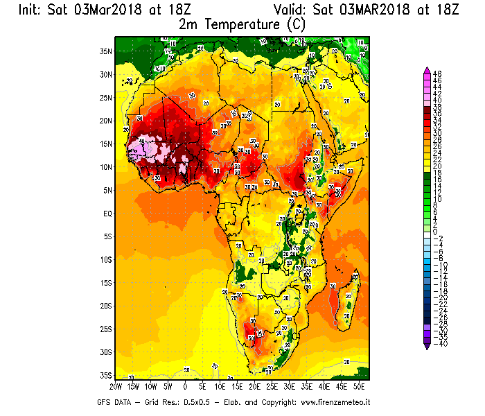 Mappa di analisi GFS - Temperatura a 2 metri dal suolo [°C] in Africa
							del 03/03/2018 18 <!--googleoff: index-->UTC<!--googleon: index-->