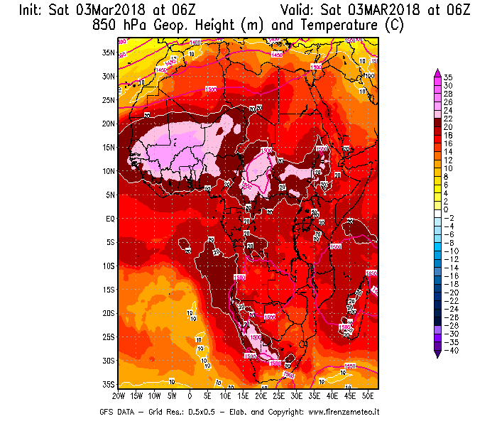 Mappa di analisi GFS - Geopotenziale [m] e Temperatura [°C] a 850 hPa in Africa
									del 03/03/2018 06 <!--googleoff: index-->UTC<!--googleon: index-->