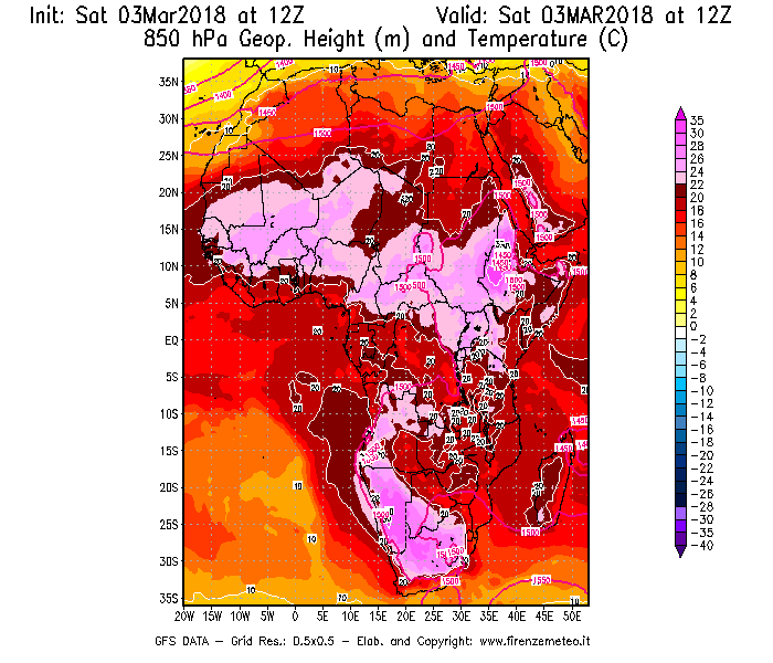 Mappa di analisi GFS - Geopotenziale [m] e Temperatura [°C] a 850 hPa in Africa
							del 03/03/2018 12 <!--googleoff: index-->UTC<!--googleon: index-->