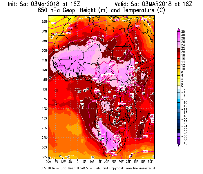 Mappa di analisi GFS - Geopotenziale [m] e Temperatura [°C] a 850 hPa in Africa
							del 03/03/2018 18 <!--googleoff: index-->UTC<!--googleon: index-->