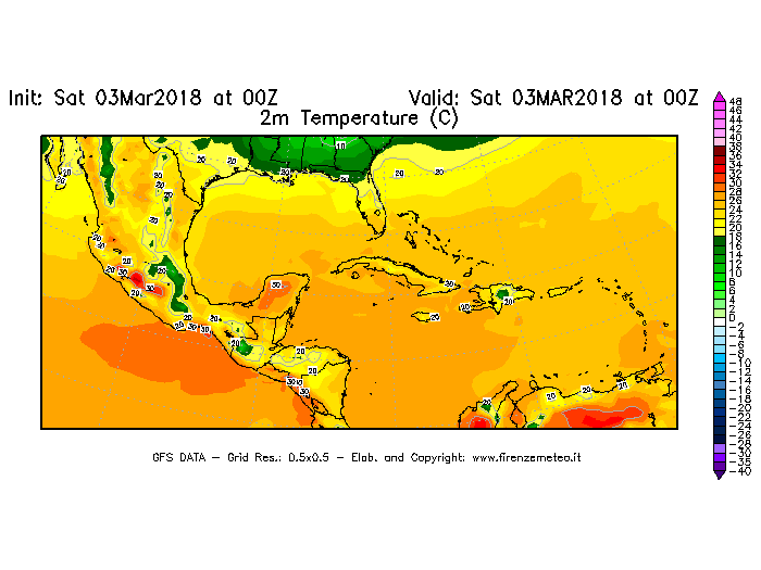 Mappa di analisi GFS - Temperatura a 2 metri dal suolo [°C] in Centro-America
							del 03/03/2018 00 <!--googleoff: index-->UTC<!--googleon: index-->
