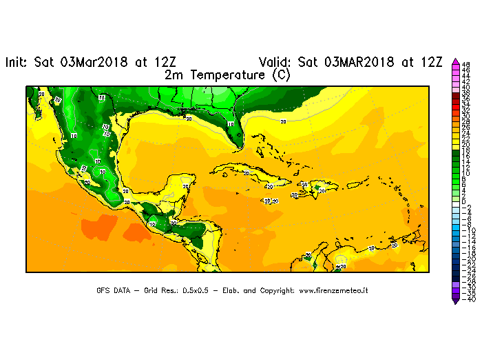 Mappa di analisi GFS - Temperatura a 2 metri dal suolo [°C] in Centro-America
									del 03/03/2018 12 <!--googleoff: index-->UTC<!--googleon: index-->