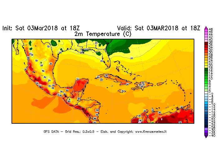 Mappa di analisi GFS - Temperatura a 2 metri dal suolo [°C] in Centro-America
									del 03/03/2018 18 <!--googleoff: index-->UTC<!--googleon: index-->