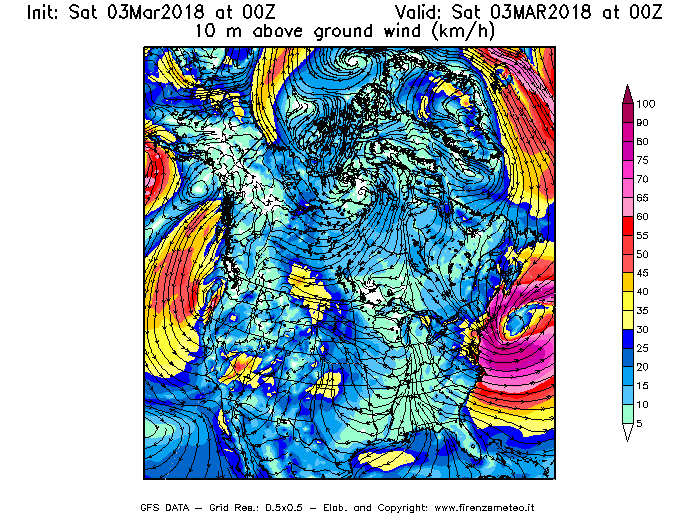 Mappa di analisi GFS - Velocità del vento a 10 metri dal suolo [km/h] in Nord-America
									del 03/03/2018 00 <!--googleoff: index-->UTC<!--googleon: index-->