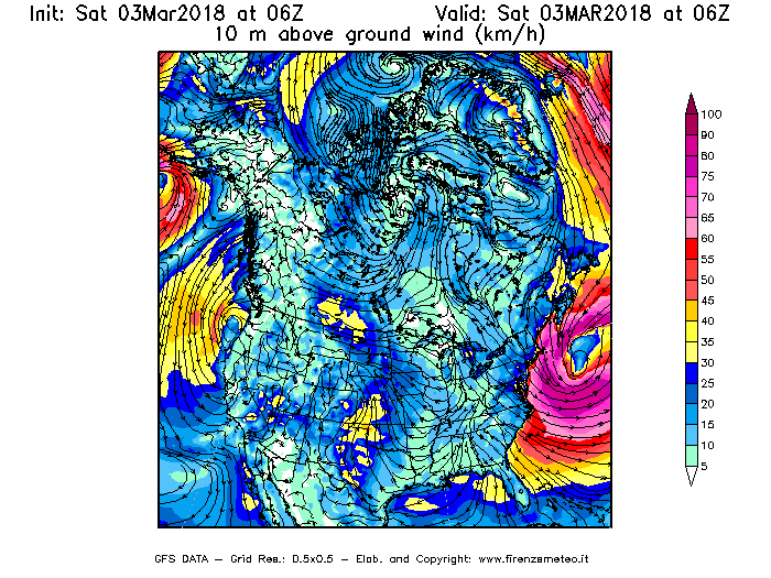Mappa di analisi GFS - Velocità del vento a 10 metri dal suolo [km/h] in Nord-America
									del 03/03/2018 06 <!--googleoff: index-->UTC<!--googleon: index-->