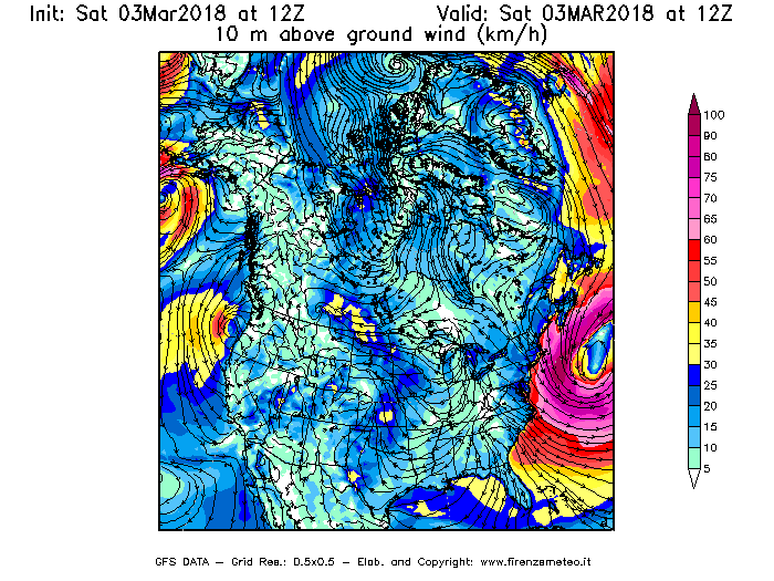 Mappa di analisi GFS - Velocità del vento a 10 metri dal suolo [km/h] in Nord-America
									del 03/03/2018 12 <!--googleoff: index-->UTC<!--googleon: index-->