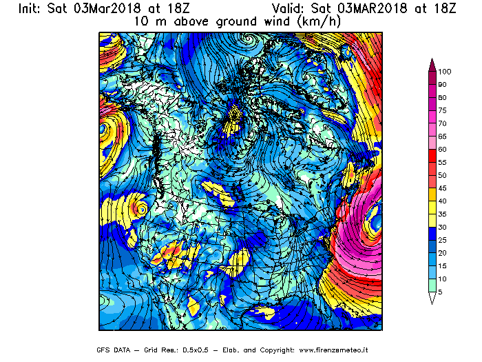 Mappa di analisi GFS - Velocità del vento a 10 metri dal suolo [km/h] in Nord-America
							del 03/03/2018 18 <!--googleoff: index-->UTC<!--googleon: index-->
