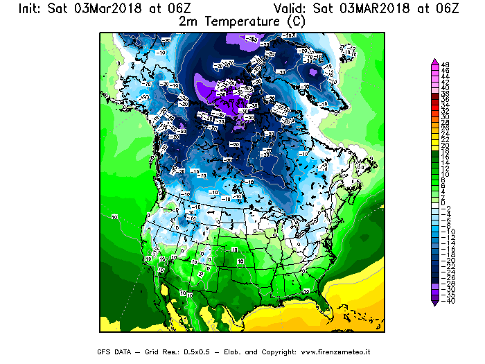Mappa di analisi GFS - Temperatura a 2 metri dal suolo [°C] in Nord-America
							del 03/03/2018 06 <!--googleoff: index-->UTC<!--googleon: index-->