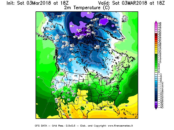 Mappa di analisi GFS - Temperatura a 2 metri dal suolo [°C] in Nord-America
									del 03/03/2018 18 <!--googleoff: index-->UTC<!--googleon: index-->