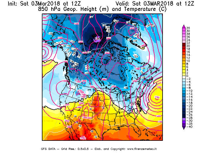 Mappa di analisi GFS - Geopotenziale [m] e Temperatura [°C] a 850 hPa in Nord-America
							del 03/03/2018 12 <!--googleoff: index-->UTC<!--googleon: index-->