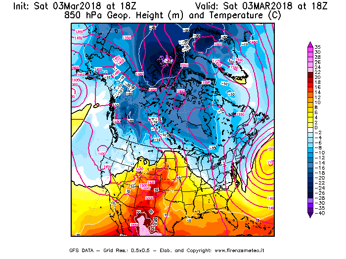 Mappa di analisi GFS - Geopotenziale [m] e Temperatura [°C] a 850 hPa in Nord-America
							del 03/03/2018 18 <!--googleoff: index-->UTC<!--googleon: index-->