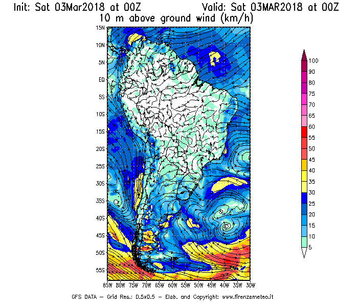 Mappa di analisi GFS - Velocità del vento a 10 metri dal suolo [km/h] in Sud-America
									del 03/03/2018 00 <!--googleoff: index-->UTC<!--googleon: index-->
