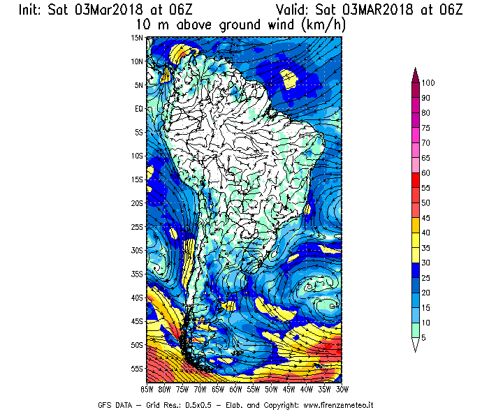 Mappa di analisi GFS - Velocità del vento a 10 metri dal suolo [km/h] in Sud-America
							del 03/03/2018 06 <!--googleoff: index-->UTC<!--googleon: index-->