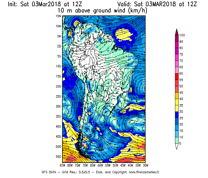 Mappa di analisi GFS - Velocità del vento a 10 metri dal suolo [km/h] in Sud-America
									del 03/03/2018 12 <!--googleoff: index-->UTC<!--googleon: index-->