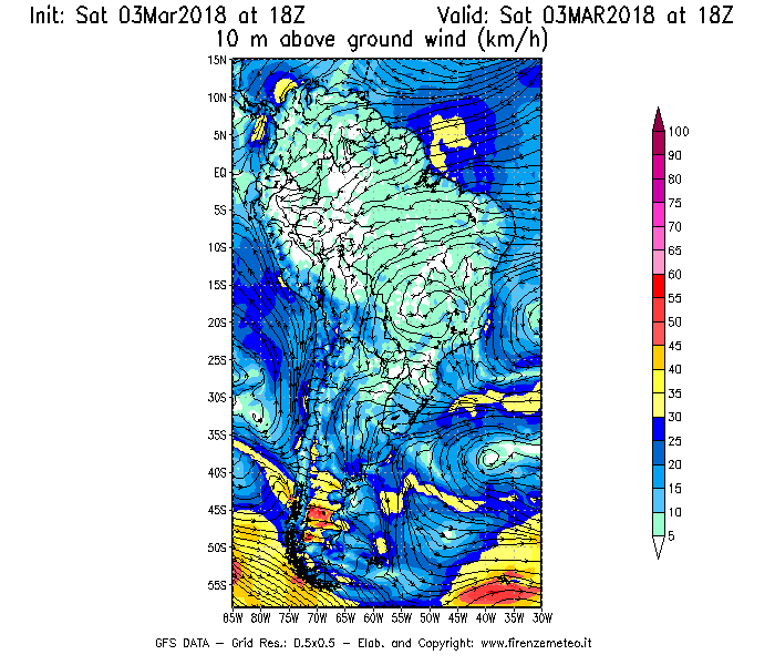 Mappa di analisi GFS - Velocità del vento a 10 metri dal suolo [km/h] in Sud-America
									del 03/03/2018 18 <!--googleoff: index-->UTC<!--googleon: index-->