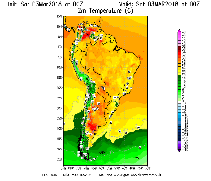 Mappa di analisi GFS - Temperatura a 2 metri dal suolo [°C] in Sud-America
							del 03/03/2018 00 <!--googleoff: index-->UTC<!--googleon: index-->