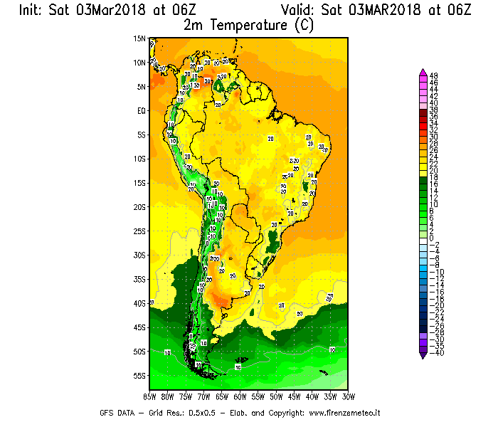 Mappa di analisi GFS - Temperatura a 2 metri dal suolo [°C] in Sud-America
									del 03/03/2018 06 <!--googleoff: index-->UTC<!--googleon: index-->