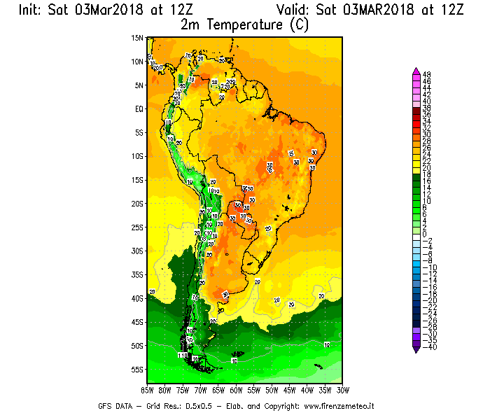 Mappa di analisi GFS - Temperatura a 2 metri dal suolo [°C] in Sud-America
							del 03/03/2018 12 <!--googleoff: index-->UTC<!--googleon: index-->