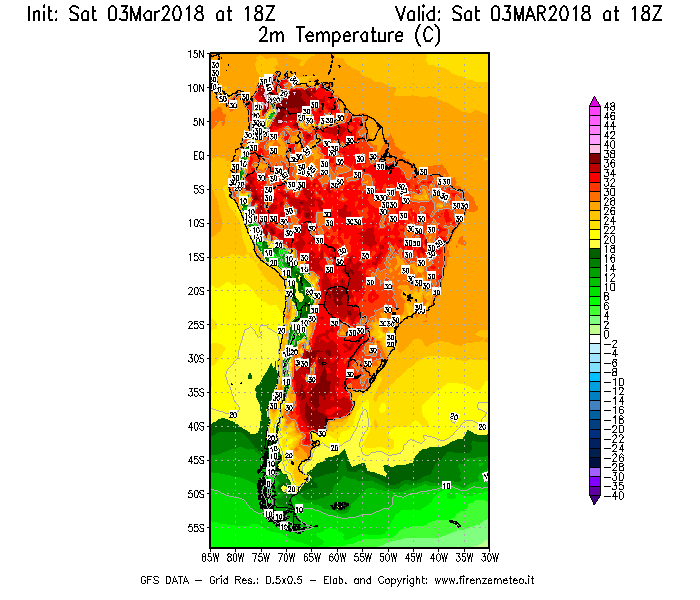 Mappa di analisi GFS - Temperatura a 2 metri dal suolo [°C] in Sud-America
									del 03/03/2018 18 <!--googleoff: index-->UTC<!--googleon: index-->