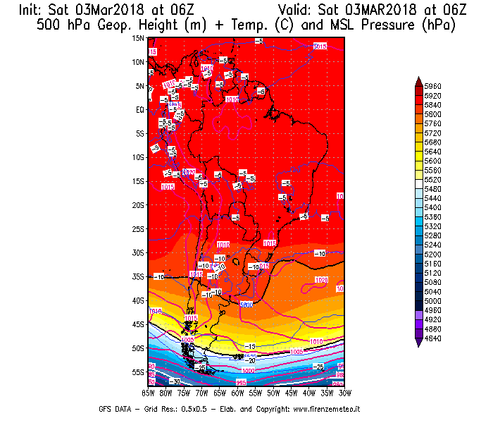 Mappa di analisi GFS - Geopotenziale [m] + Temp. [°C] a 500 hPa + Press. a livello del mare [hPa] in Sud-America
									del 03/03/2018 06 <!--googleoff: index-->UTC<!--googleon: index-->