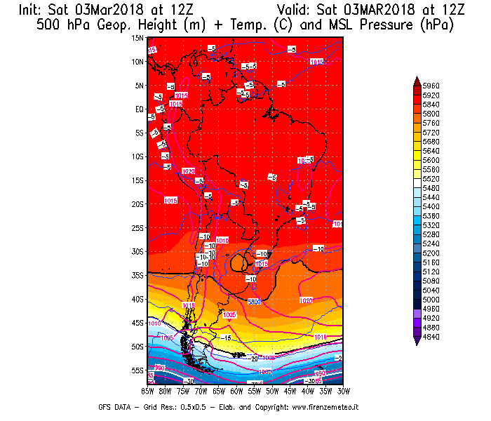 Mappa di analisi GFS - Geopotenziale [m] + Temp. [°C] a 500 hPa + Press. a livello del mare [hPa] in Sud-America
									del 03/03/2018 12 <!--googleoff: index-->UTC<!--googleon: index-->