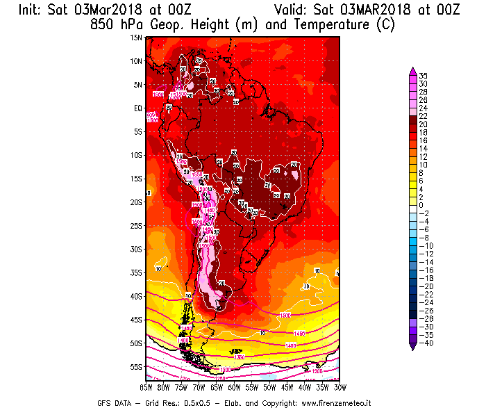 Mappa di analisi GFS - Geopotenziale [m] e Temperatura [°C] a 850 hPa in Sud-America
									del 03/03/2018 00 <!--googleoff: index-->UTC<!--googleon: index-->
