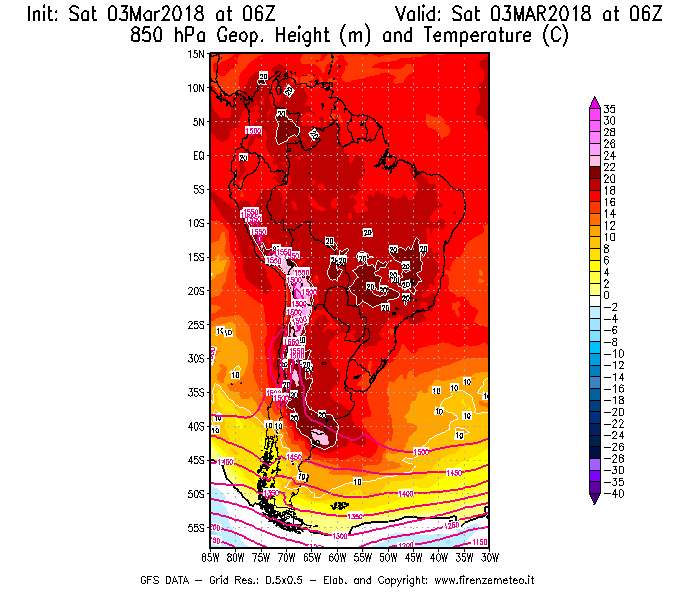 Mappa di analisi GFS - Geopotenziale [m] e Temperatura [°C] a 850 hPa in Sud-America
							del 03/03/2018 06 <!--googleoff: index-->UTC<!--googleon: index-->