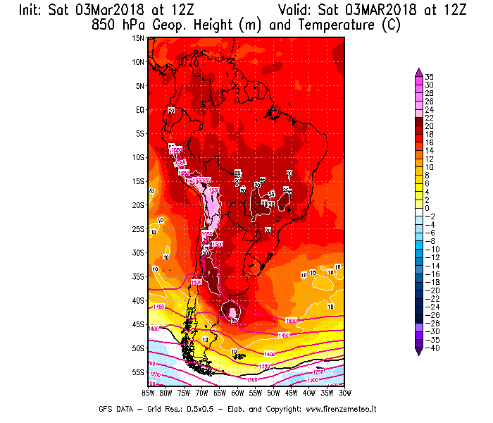 Mappa di analisi GFS - Geopotenziale [m] e Temperatura [°C] a 850 hPa in Sud-America
									del 03/03/2018 12 <!--googleoff: index-->UTC<!--googleon: index-->
