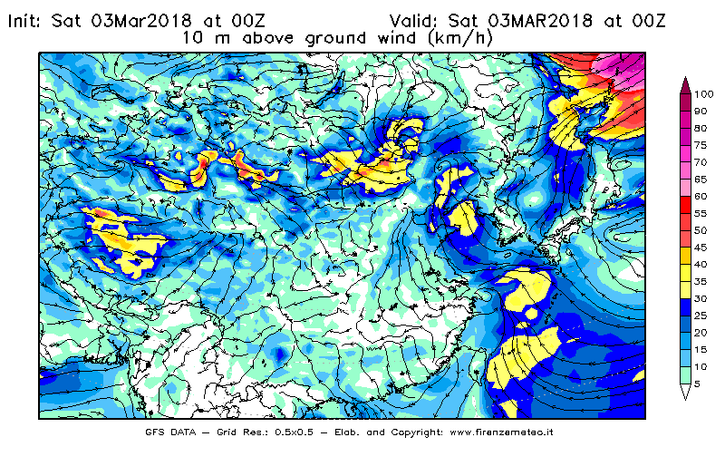 Mappa di analisi GFS - Velocità del vento a 10 metri dal suolo [km/h] in Asia Orientale
									del 03/03/2018 00 <!--googleoff: index-->UTC<!--googleon: index-->