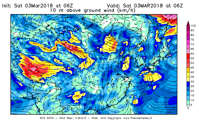 Mappa di analisi GFS - Velocità del vento a 10 metri dal suolo [km/h] in Asia Orientale
							del 03/03/2018 06 <!--googleoff: index-->UTC<!--googleon: index-->