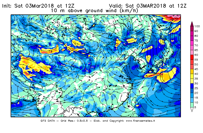 Mappa di analisi GFS - Velocità del vento a 10 metri dal suolo [km/h] in Asia Orientale
							del 03/03/2018 12 <!--googleoff: index-->UTC<!--googleon: index-->
