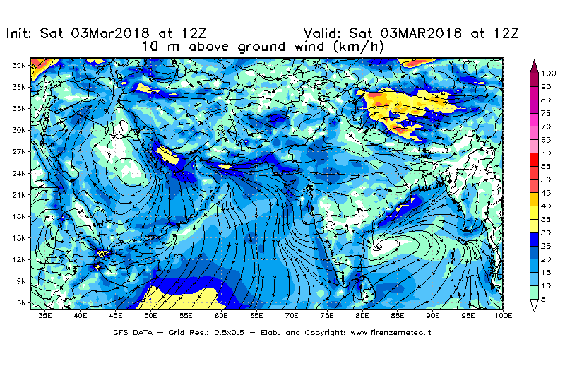 Mappa di analisi GFS - Velocità del vento a 10 metri dal suolo [km/h] in Asia Sud-Occidentale
									del 03/03/2018 12 <!--googleoff: index-->UTC<!--googleon: index-->