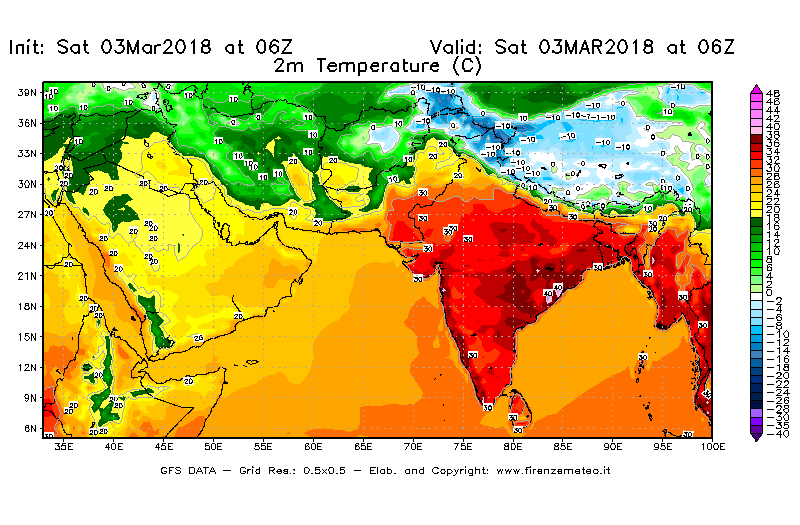 Mappa di analisi GFS - Temperatura a 2 metri dal suolo [°C] in Asia Sud-Occidentale
							del 03/03/2018 06 <!--googleoff: index-->UTC<!--googleon: index-->