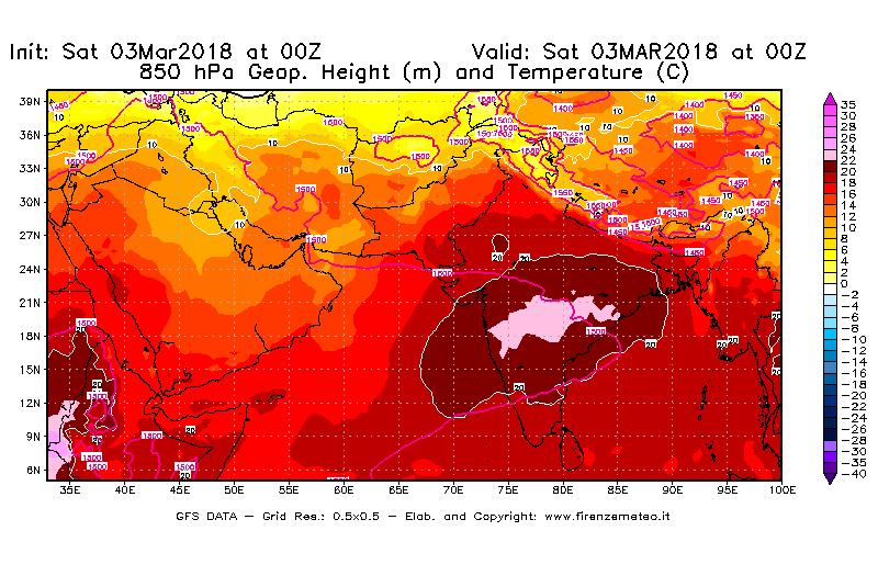 Mappa di analisi GFS - Geopotenziale [m] e Temperatura [°C] a 850 hPa in Asia Sud-Occidentale
									del 03/03/2018 00 <!--googleoff: index-->UTC<!--googleon: index-->