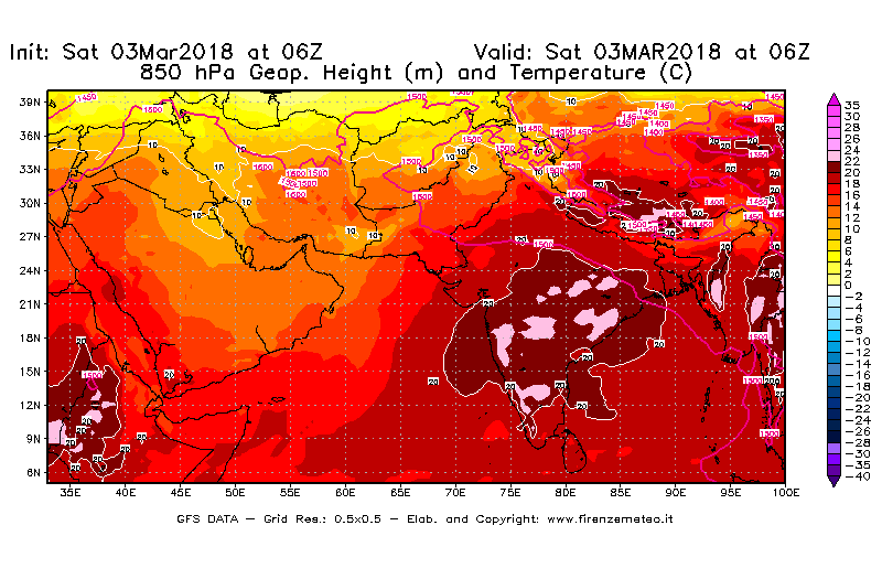 Mappa di analisi GFS - Geopotenziale [m] e Temperatura [°C] a 850 hPa in Asia Sud-Occidentale
									del 03/03/2018 06 <!--googleoff: index-->UTC<!--googleon: index-->