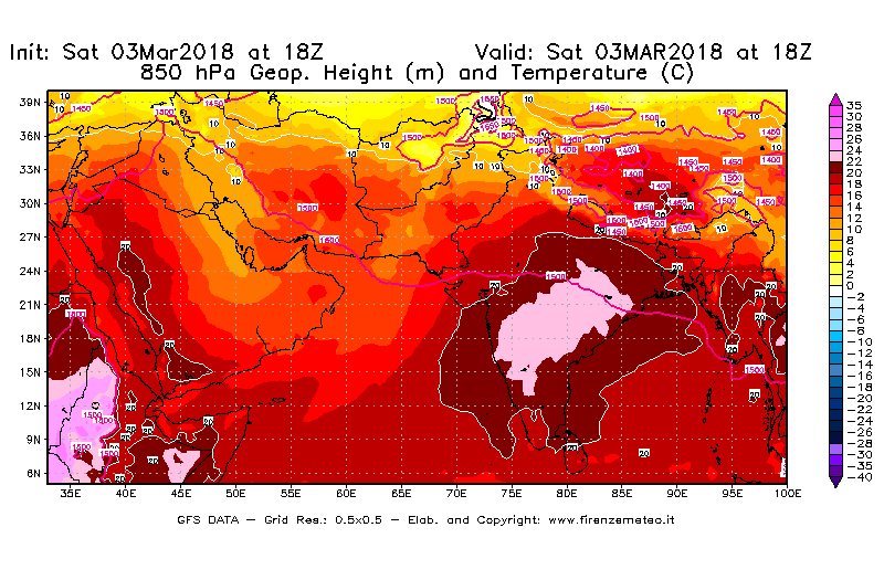 Mappa di analisi GFS - Geopotenziale [m] e Temperatura [°C] a 850 hPa in Asia Sud-Occidentale
							del 03/03/2018 18 <!--googleoff: index-->UTC<!--googleon: index-->