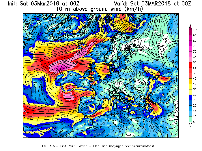 Mappa di analisi GFS - Velocità del vento a 10 metri dal suolo [km/h] in Europa
							del 03/03/2018 00 <!--googleoff: index-->UTC<!--googleon: index-->