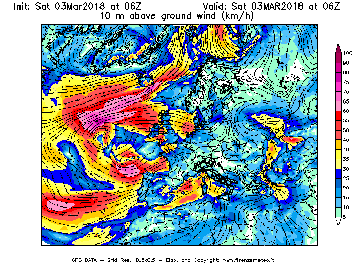 Mappa di analisi GFS - Velocità del vento a 10 metri dal suolo [km/h] in Europa
							del 03/03/2018 06 <!--googleoff: index-->UTC<!--googleon: index-->