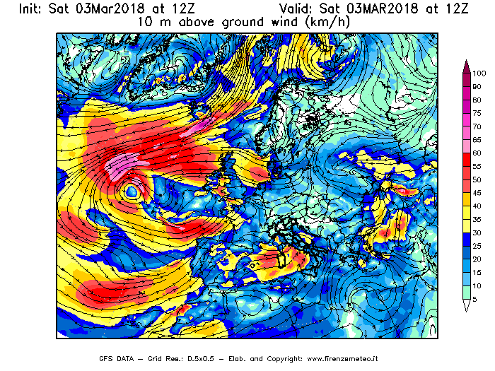 Mappa di analisi GFS - Velocità del vento a 10 metri dal suolo [km/h] in Europa
							del 03/03/2018 12 <!--googleoff: index-->UTC<!--googleon: index-->