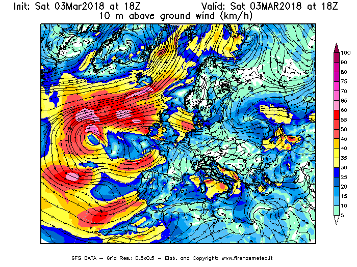 Mappa di analisi GFS - Velocità del vento a 10 metri dal suolo [km/h] in Europa
							del 03/03/2018 18 <!--googleoff: index-->UTC<!--googleon: index-->