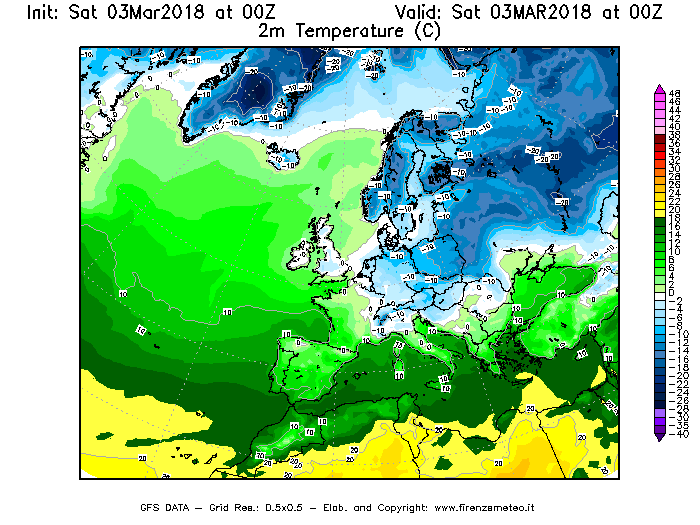 Mappa di analisi GFS - Temperatura a 2 metri dal suolo [°C] in Europa
							del 03/03/2018 00 <!--googleoff: index-->UTC<!--googleon: index-->