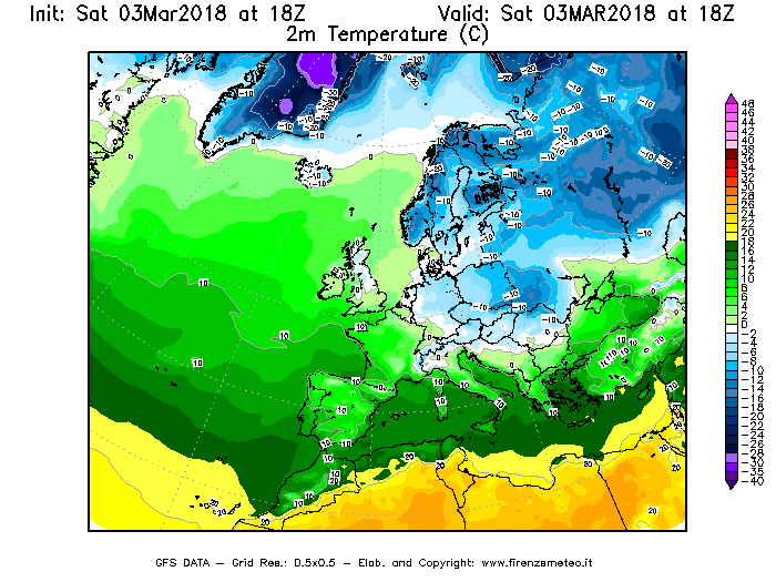 Mappa di analisi GFS - Temperatura a 2 metri dal suolo [°C] in Europa
							del 03/03/2018 18 <!--googleoff: index-->UTC<!--googleon: index-->