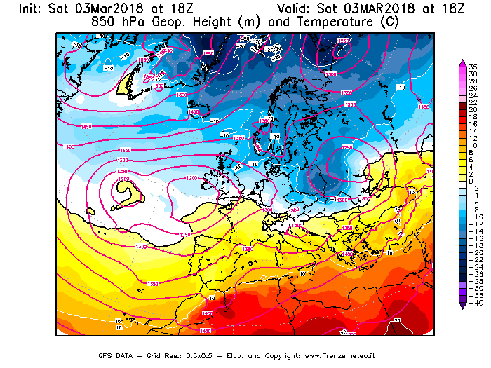 Mappa di analisi GFS - Geopotenziale [m] e Temperatura [°C] a 850 hPa in Europa
									del 03/03/2018 18 <!--googleoff: index-->UTC<!--googleon: index-->
